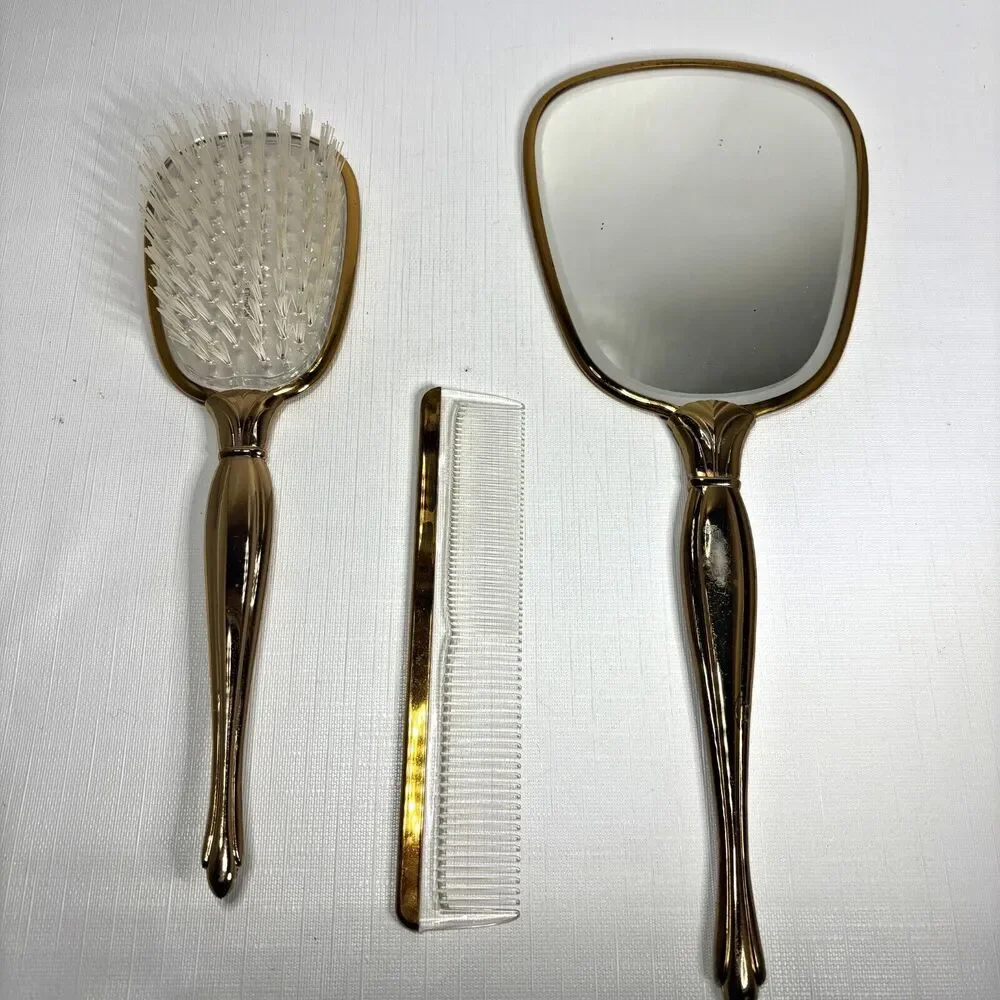 Vanity Gold Lace Dresser Set Hand Mirror Brush Comb Floral 70s Vintage 3 Pcs